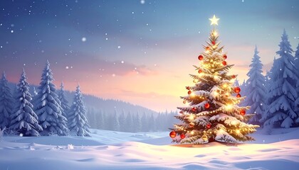 A snow-covered winter scene with a lit Christmas tree decorated with ornaments and a star, with snowy pine trees under a sunset sky