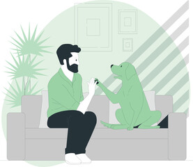 Man and Dog Giving High Five on Sofa with Plants and Pictures on Wall couch