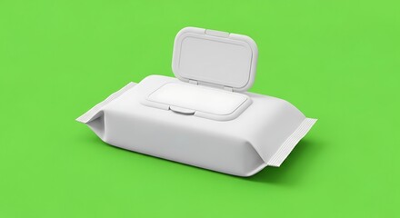 Pack of white baby wipes with open lid on green background.