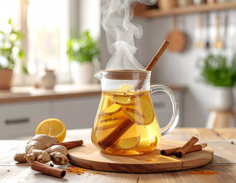 Ginger lemon cinnamon herbal tea drink - Powered by Adobe
