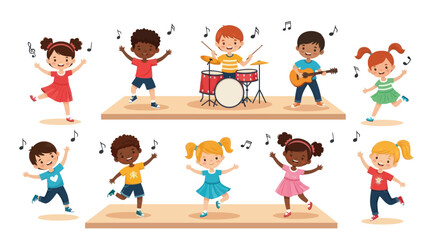 Joyful Diverse Cartoon Children Dancing and Playing Musical Instruments.