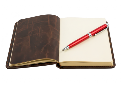 Open notebook with brown leather cover and red pen isolated on transparent background the notebook is open to a blank page, ready for writing or drawing, perfect for creative projects