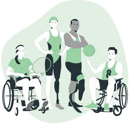 Diverse Group of Athletes with Disabilities Illustration Keywords: athletes, disability, sports, diversity, inclusion, wheelchair, tennis, swimming, basketball, prosthetic, adaptive sports