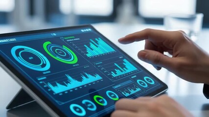 Person interacting with a tablet displaying financial data and charts - Powered by Adobe