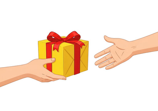 A cartoon illustration of a yellow gift box with a red ribbon being passed from one hand to another, isolated on transparent background, creating a sense of giving and receiving