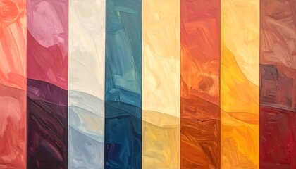 A spectrum of rectangular swatches displays an array of hues, from warm reds to cool blues, rendered in textured brushstrokes