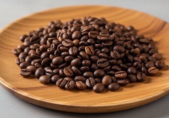 Fototapeta premium Roasted Coffee Beans on a Wooden Plate Perfect for Cafes and Coffee Shops