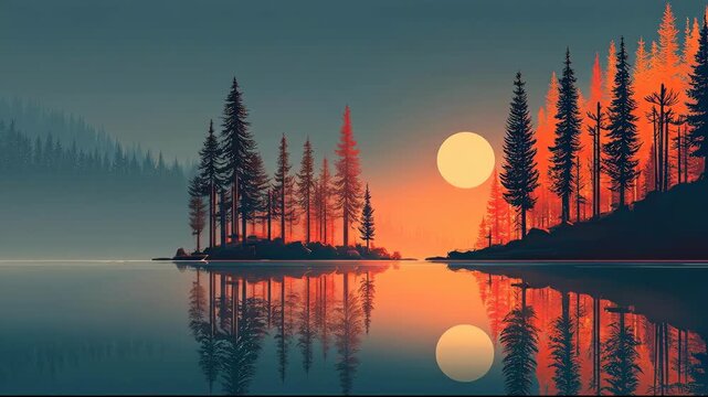 Serene Sunset Reflection on a Calm Lake with Pine Trees.