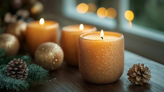 Lit golden candles with coziness and warmth surrounded by pinecones and Christmas baubles on wooden table