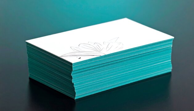 A stack of white rectangular cards with teal edges. One card has a delicate floral outline in pencil. It sits atop a dark surface