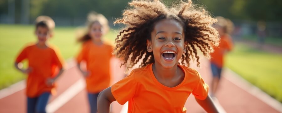 Happy girl runs on track with friends on sports day. Excited kids enjoy healthy activity in outdoor youth athletic event. They wear orange t-shirts. Fun dynamic spirited movement.