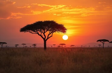 African savanna landscape photo at sunset. Sun shines through branches of acacia tree. Travel tourism concept photo. Orange sky view. Exotic nature destination. Wild landscape wallpaper. Beautiful