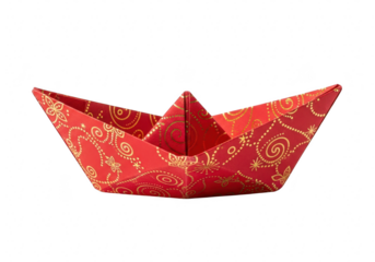 A vibrant red origami paper boat, adorned with intricate golden patterns, rests gracefully isolated on transparent background, showcasing the art of paper folding and festive design