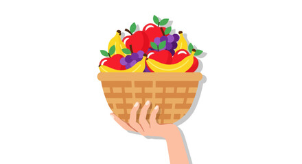 Hand holding a basket filled with fresh fruits.