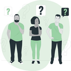 Three people standing and thinking with question marks around them Keywords: people, thinking, question mark, confusion, doubt, uncertainty, decision, problem, solution, idea, concept, business
