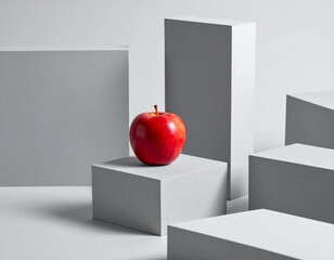 Red apple on gray geometric pedestal