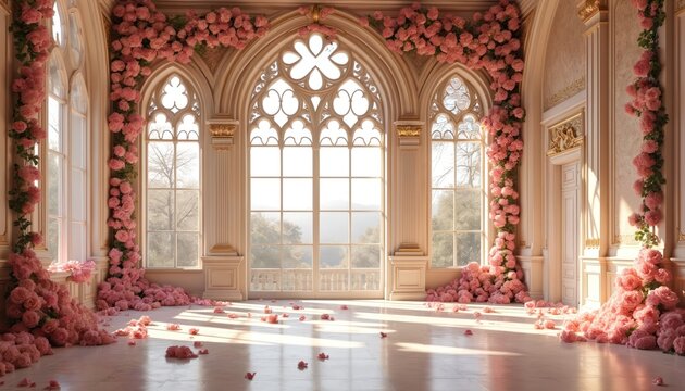 Elegant palace hall with large gothic windows draped in pink roses. Interior features frescoes murals and ornate gold details. Sunlight streams onto the marble floor.