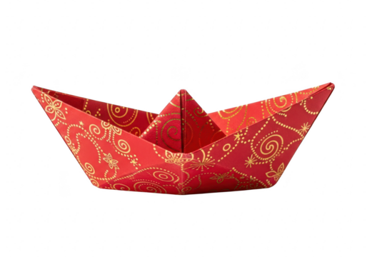 A vibrant red origami paper boat, adorned with intricate golden patterns, rests gracefully isolated on transparent background, showcasing the art of paper folding and festive design - Powered by Adobe