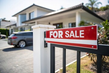 Obraz premium Red and white “FOR SALE” banner sign hanging on front of gate modern house, real estate advertisement concept