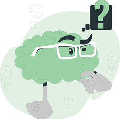 Cartoon brain wearing glasses thinking with question marks around it Keywords: brain, thinking, question mark, idea, confusion, knowledge, learning, intelligence, mind, concept, problem, solution