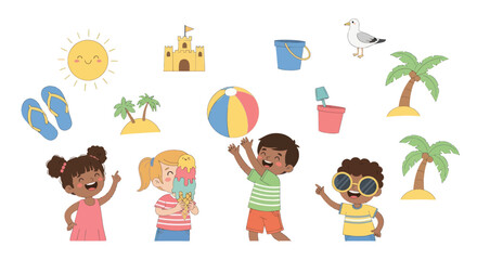 Diverse group of children enjoying a sunny day at the beach with toys and palm trees.