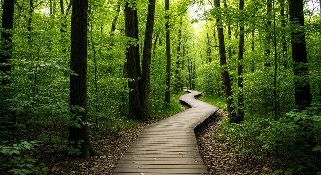 Wooden path through lush green forest nature trail hiking scenic landscape photography background wallpaper