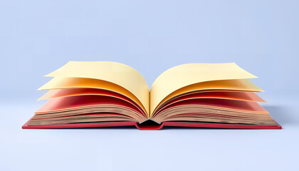 Open book with yellow pages and red cover against a light blue background