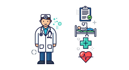 Friendly cartoon doctor with medical icons representing healthcare services.