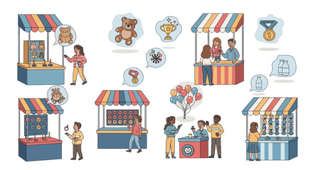 Obraz premium Carnival Game Booths and Prizes Illustration with People.