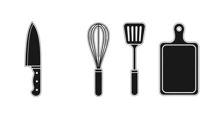 Set of Kitchen Utensils: Chefs Knife Whisk Spatula and Cutting Board.
