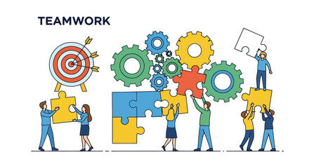 Diverse Team Collaborating to Assemble Puzzle Pieces and Achieve Goals.