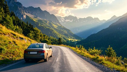 Scenic Mountain Road Trip Journey A Car Travels Through Majestic Peaks Under a Sunlit Sky
