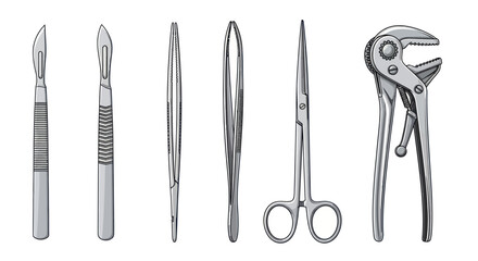 Collection of Surgical Instruments: Scalpels Forceps Scissors and Pliers.