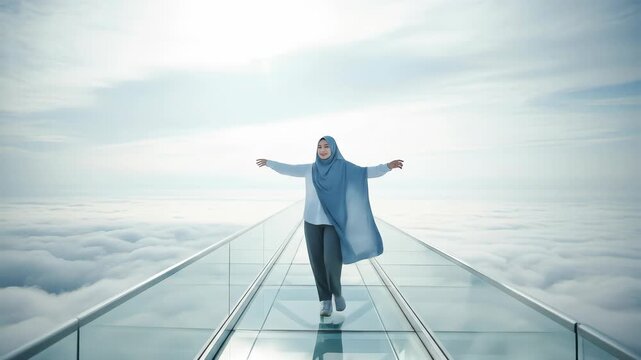 A person in modest attire walks on a glass bridge above the clouds with arms outstretched