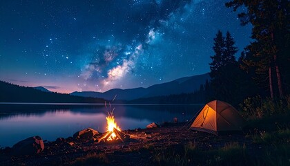 Beautiful starry night sky over a serene lake with a glowing campfire and a tent pitched on the shore, creating a perfect camping scene