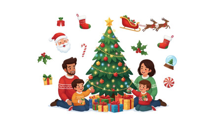 Cheerful family celebrating Christmas around a decorated tree with presents.