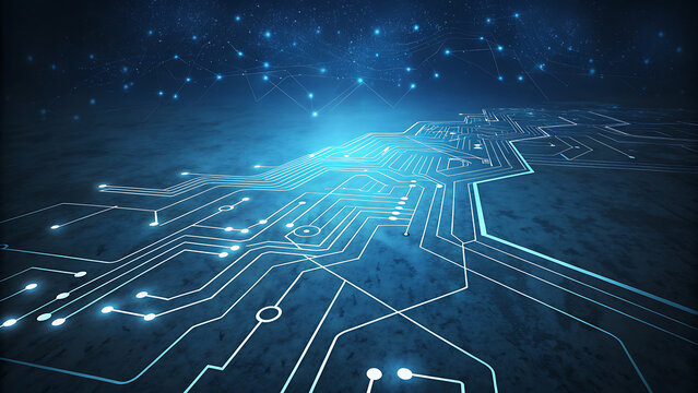 Futuristic circuit board with glowing lines and stars, representing technology, connectivity, and innovation in a digital world with a dark background - Powered by Adobe