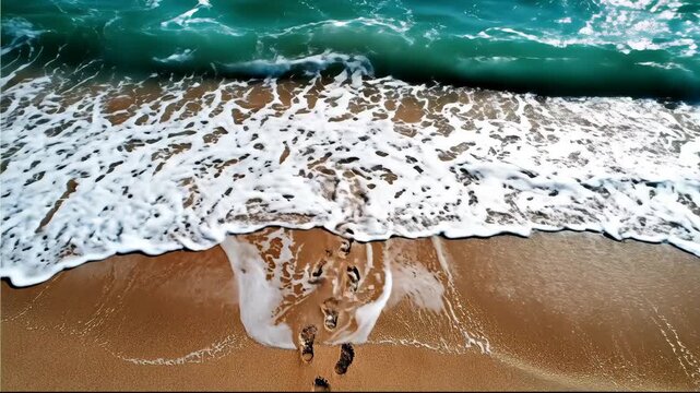 Aerial View of Ocean Waves and Footprints on Sandy Beach.