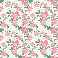 A soft hand-painted floral seamless pattern in blush pink and green tones. The playful arrangement of petals and leaves adds warmth and charm .
