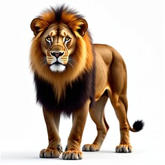 Obraz premium Majestic male lion stands on white. Wild animal has furry brown and orange mane. Lion is proud predator from africa wilderness in full growth. Strong muscular cat is ready hunting