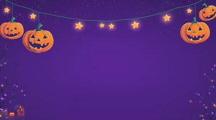 Halloween Purple PowerPoint Background, Minimalist Vector Cartoon Pumpkins on String Lights with Stars, Blank Text Space, Flat Design for Holiday Presentation