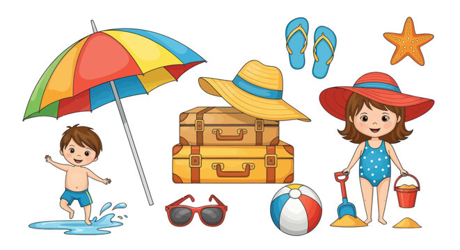 Colorful Beach Vacation Scene with Children Luggage and Accessories.