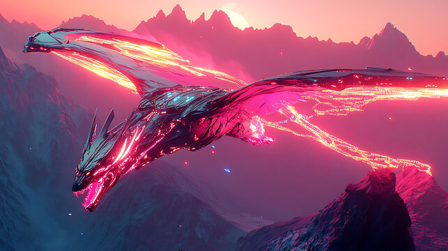 Dragon with neon-tinted metal scales and luminous data streams flowing through its wings flying over mountains 