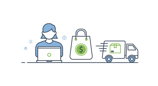 Online shopping and delivery process illustration with person bag and truck.