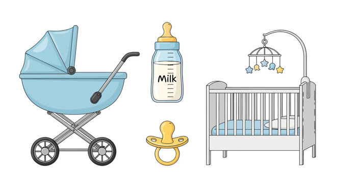 Collection of blue baby items including a stroller crib milk bottle and pacifier.