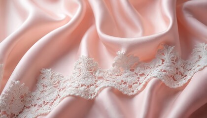 Soft pink silk fabric features delicate white lace trim. Luxury silk material with smooth texture, romantic design. Elegant textile ideal for fashion apparel lingerie creation. Close-up view conveys