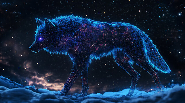 Cyberwolf with fiber-optic fur and sonic sensor ears howling under starlight 