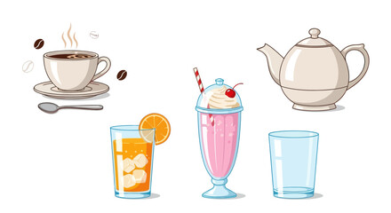Assortment of Hot and Cold Beverages and Teapot.