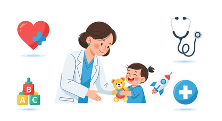 Pediatrician interacting with a happy child surrounded by medical and playful icons.