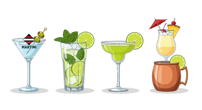 Assorted Colorful Cocktail Drinks with Garnish Including Martini Mojito Margarita and Tropical Drink.